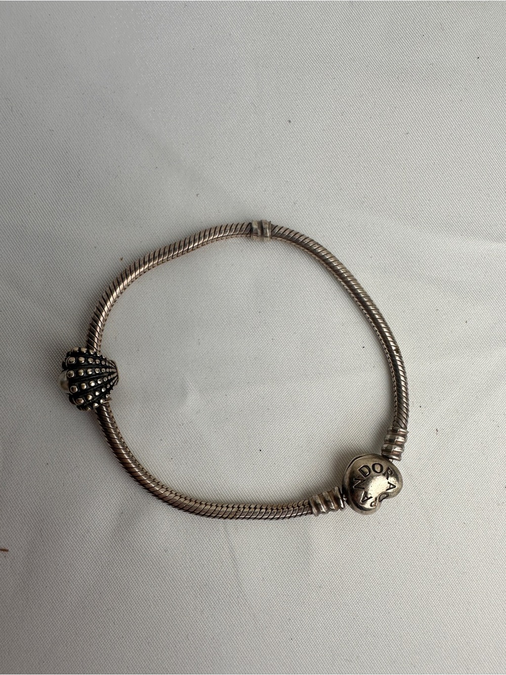 PANDORA Sterling Silver 925 ALE Heart Clasp Snake Chain Bracelet w/ Pearl Charm